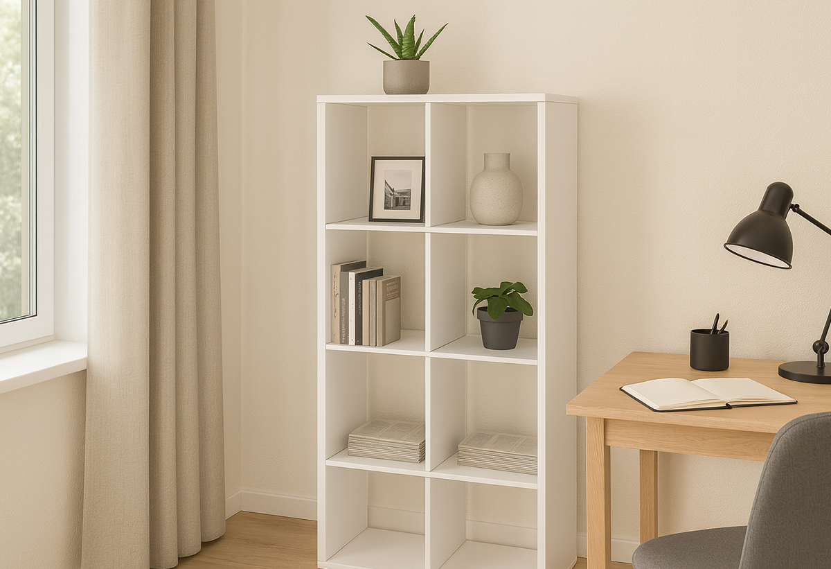 Απεικονίζεται η βιβλιοθήκη σε ένα σαλόνι.